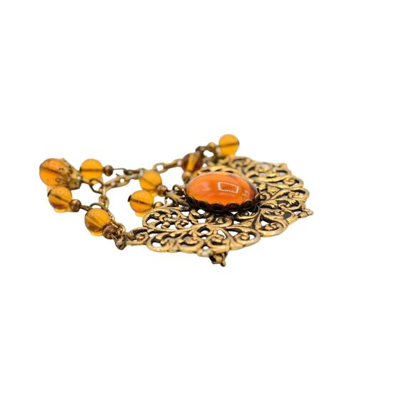 Cabochon Amber Brooch Pin Antiqued Gold Jelly Beaded Chain Dangle Vintage Bin5A - Picture 7 of 12